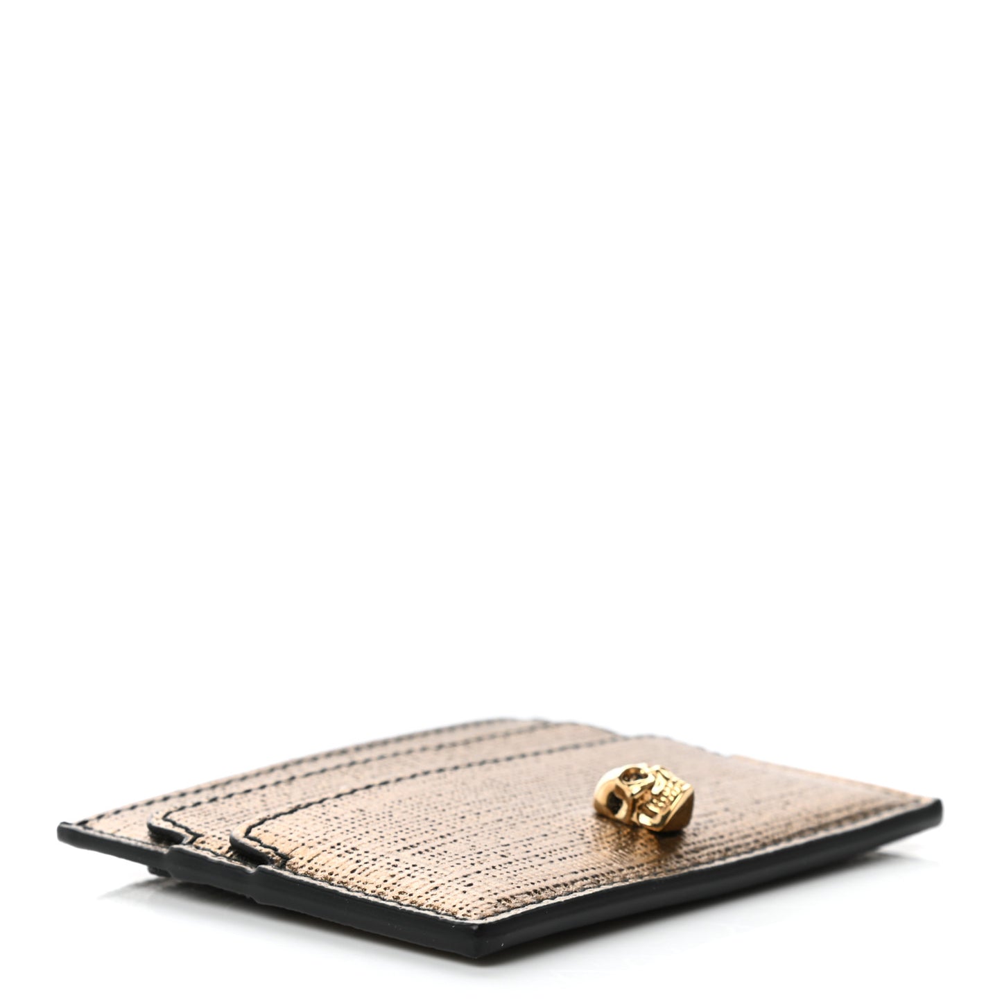 Metallic Textured Calfskin Skull Card Holder Gold