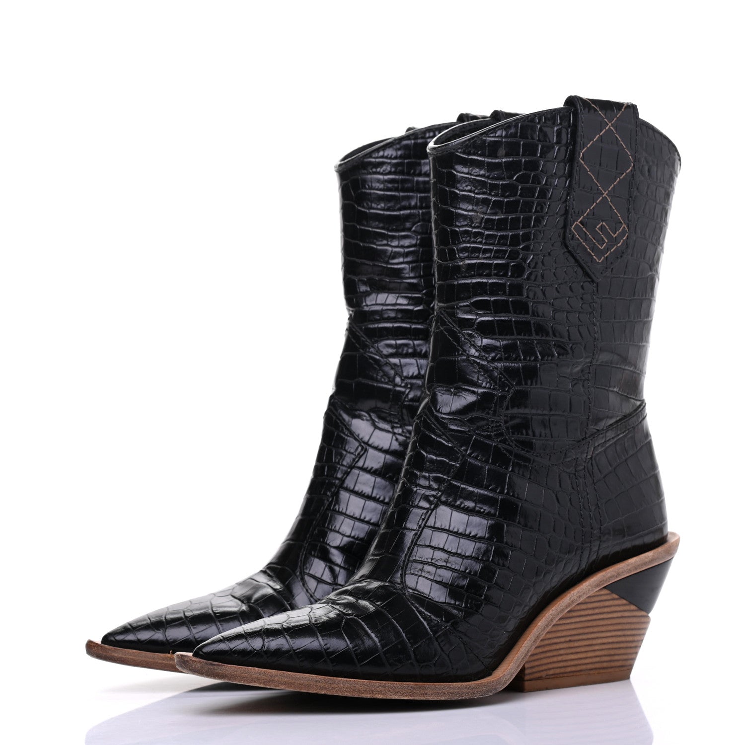 Fendi Calfskin Crocodile Embossed Cutwalk Ankle Boots 37 Black 3 of 15