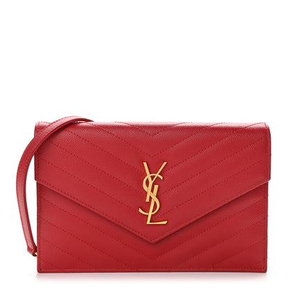 Saint Laurent Grain De Poudre Matelasse Chevron Monogram Envelope Chain Wallet New Red 1 of 11