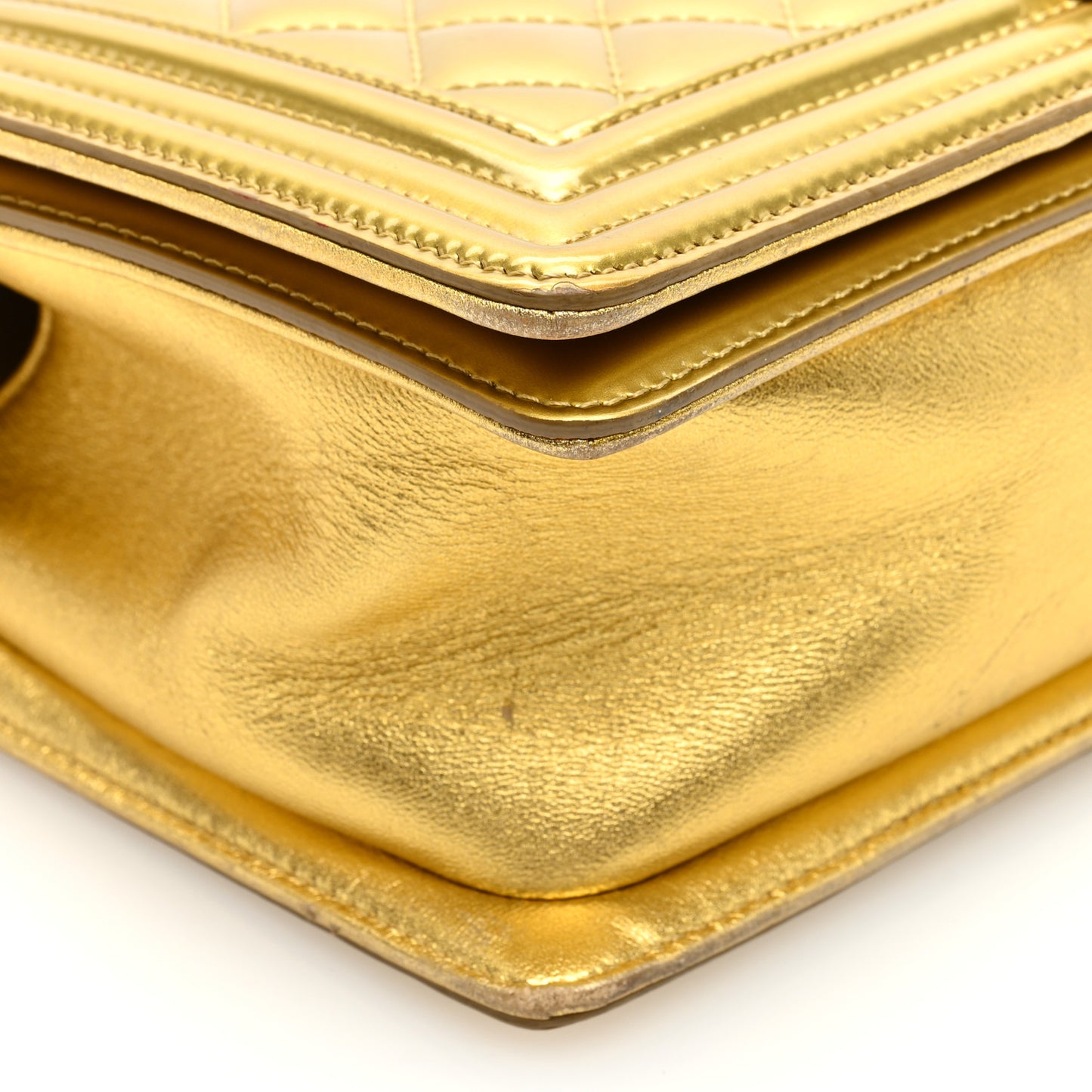 Metallic Patent Calfskin Quilted Medium Boy Flap Gold