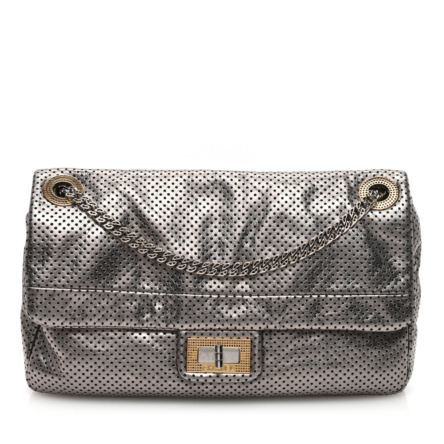 Metallic Crackled Calfskin Perforated Drill Flap Silver