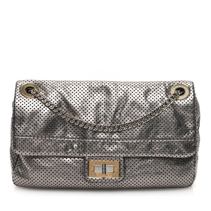 Chanel Metallic Crackled Calfskin Perforated Drill Flap Silver 1 of 10