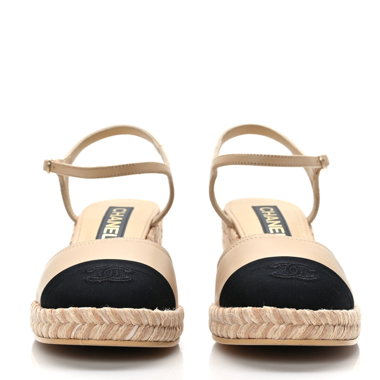 Lambskin Grosgrain CC Espadrilles Wedges 41 Beige Black