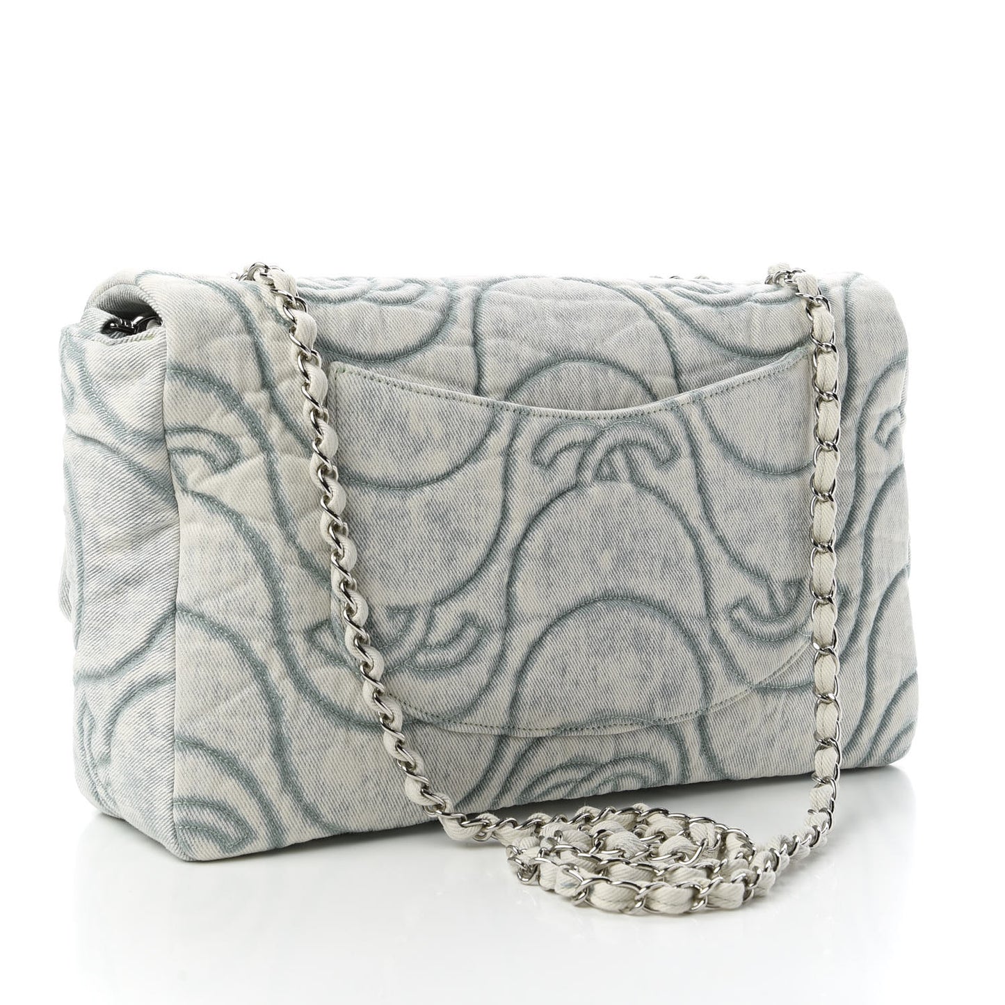 Denim Embossed CC Logo Print Jumbo Single Flap Blue