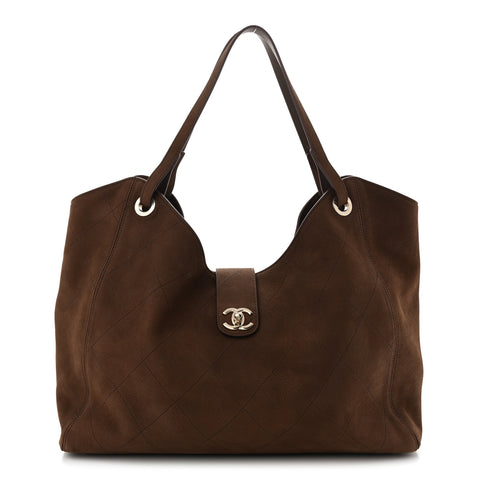 Grained Nubuck Calfskin Quilted Maxi Shopping Bag Dark Brown