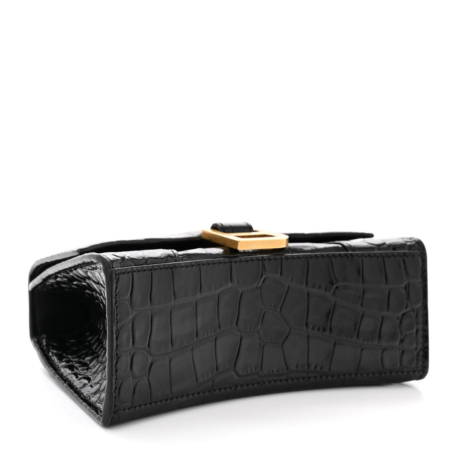 Shiny Calfskin Crocodile Embossed Hourglass Top Handle Bag XS Black