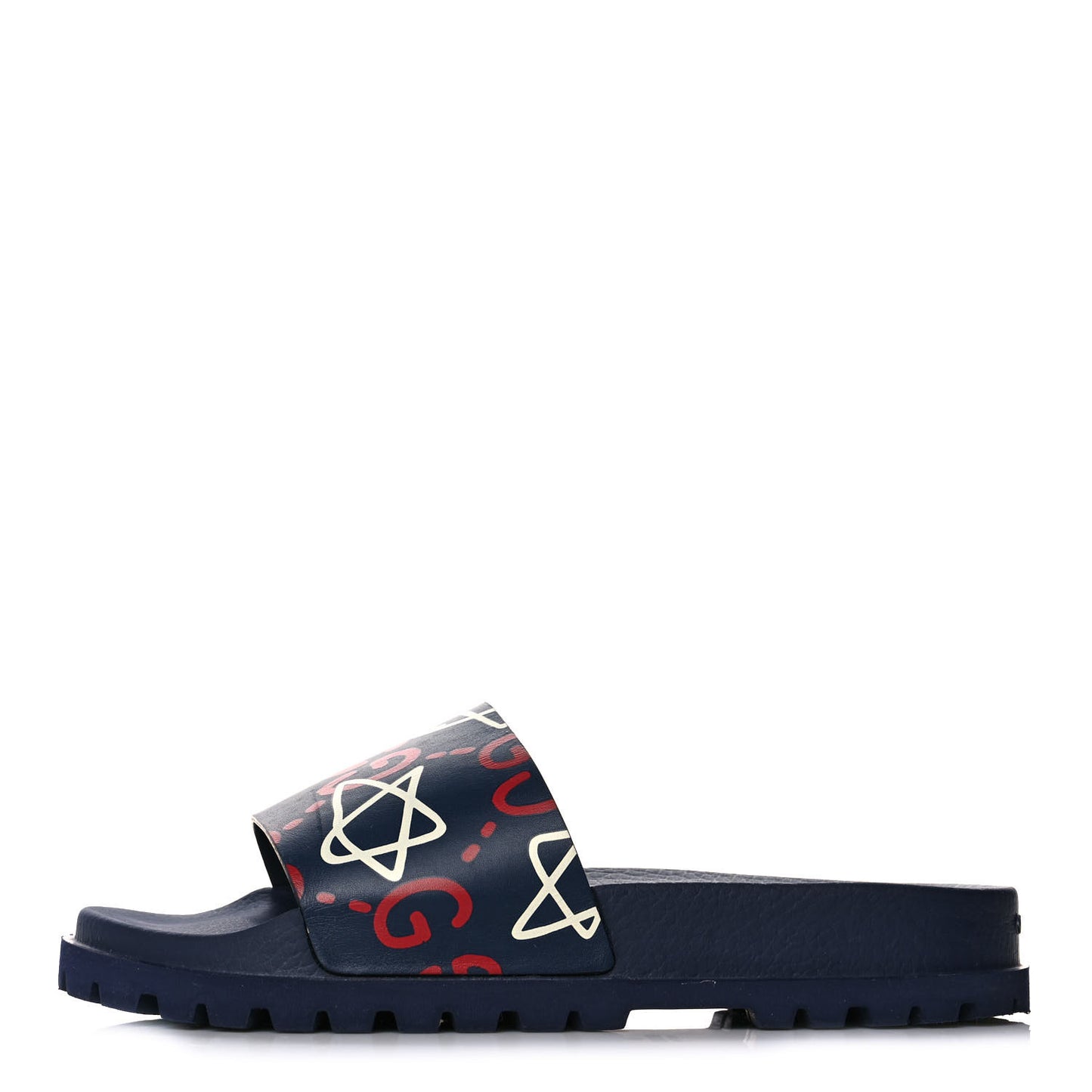 Calfskin Rubber GucciGhost Mens Lug Sole Slide Sandals 7 Blue Agata Hibiscus Red