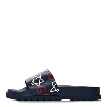 Gucci Calfskin Rubber GucciGhost Mens Lug Sole Slide Sandals 7 Blue Agata Hibiscus Red 1 of 10