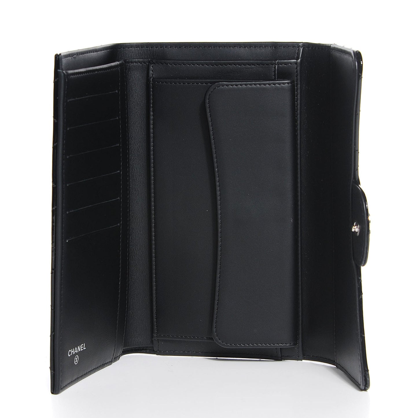 Patent Calfskin Quilted Large Flap Wallet Black