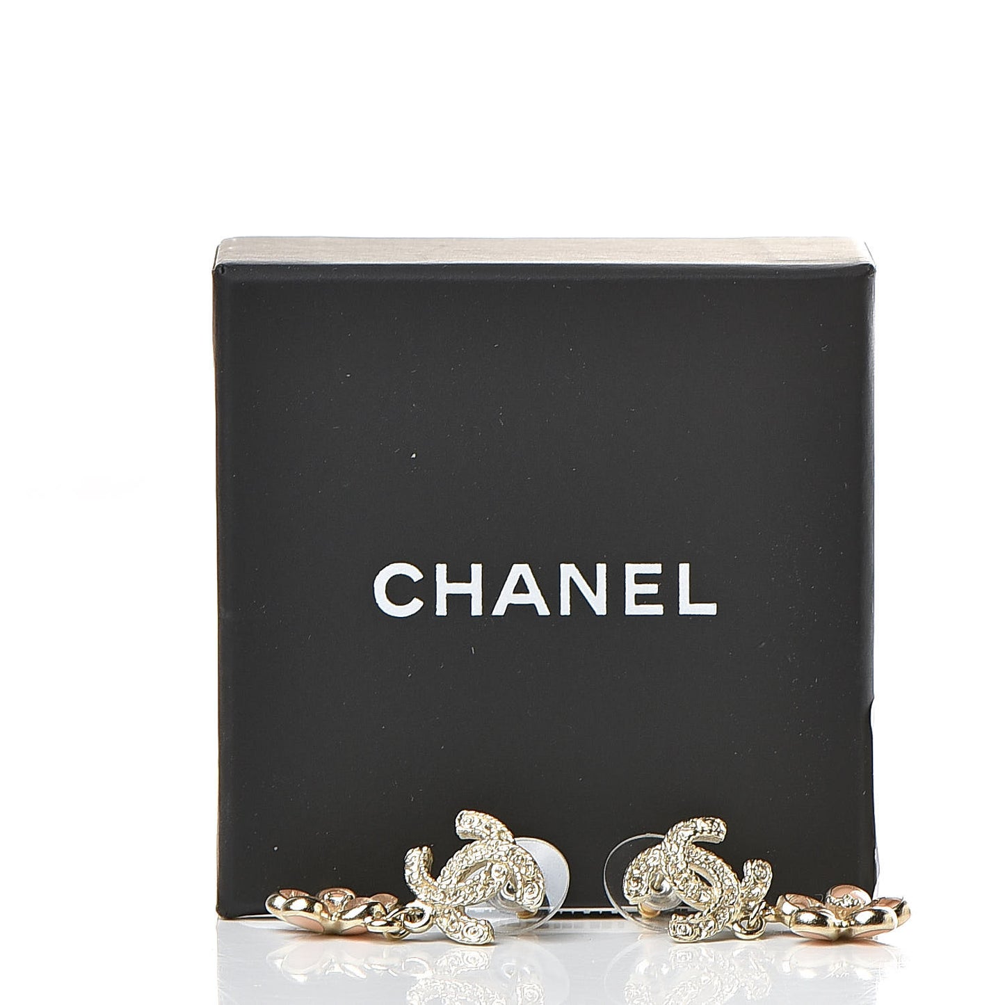 Resin Crystal CC Camellia Drop Earrings Gold Beige