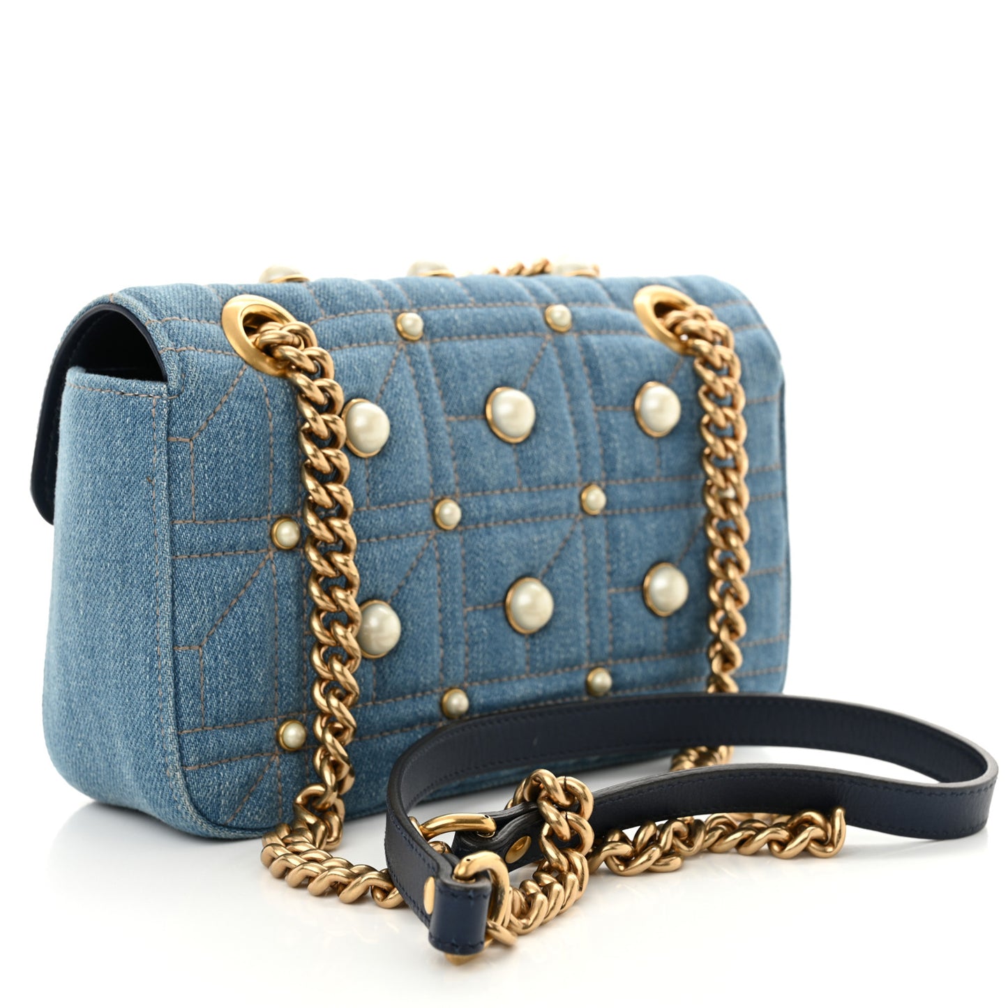 Denim Matelasse Pearl Studded Mini GG Marmont Shoulder Bag Blue