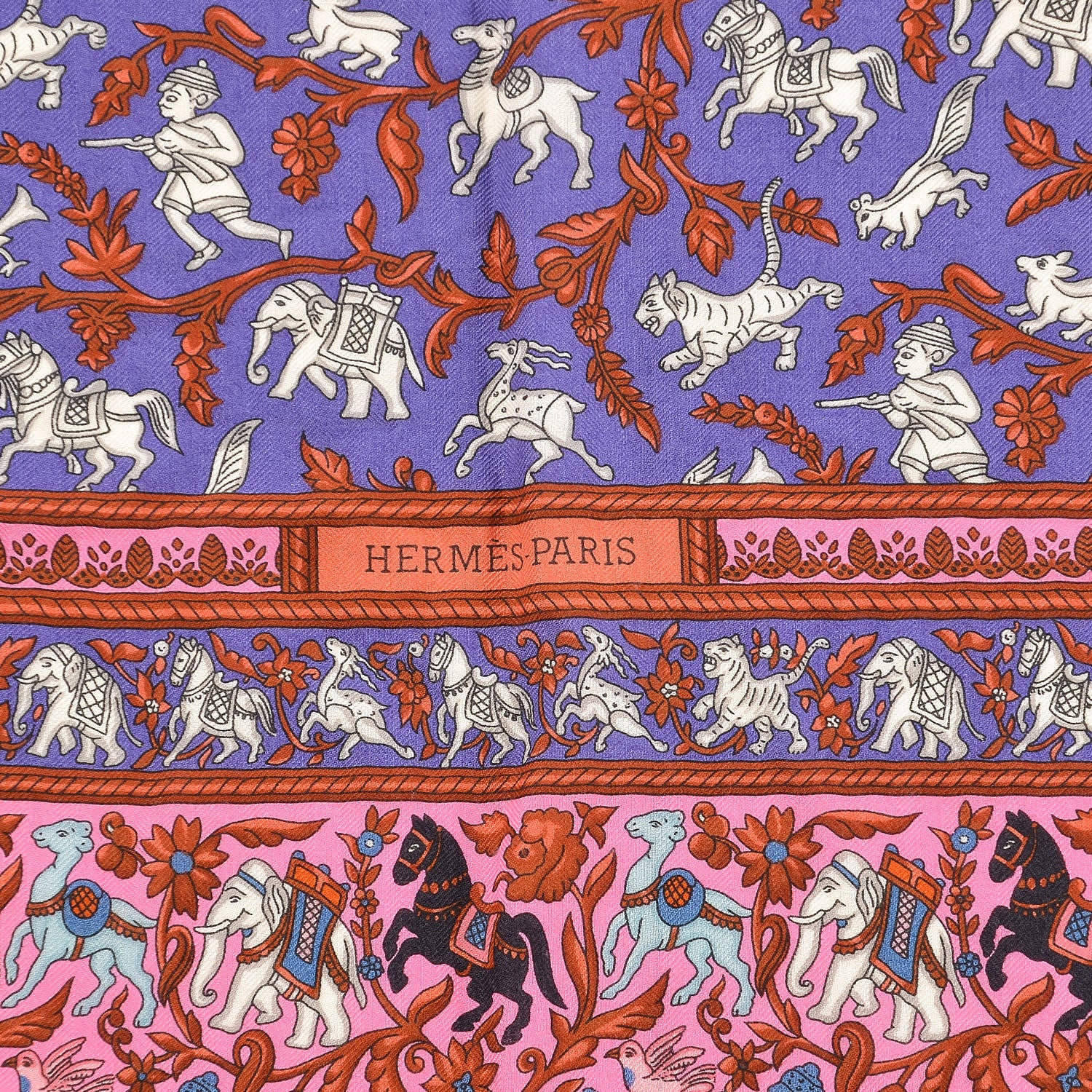 Hermes Cashmere Silk Chasse En Inde Shawl 140 Rose Bonbon Lavende Gris 4 of 6