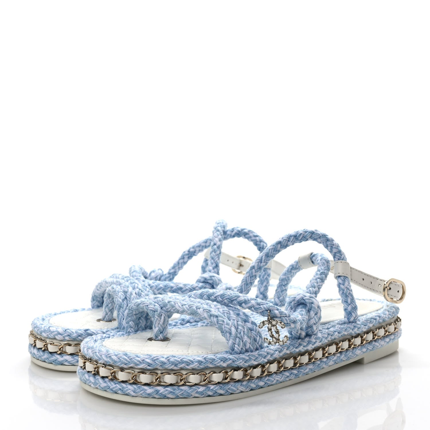 Chanel Lambskin Cord Chain CC Sandals 36 Blue White 3 of 9