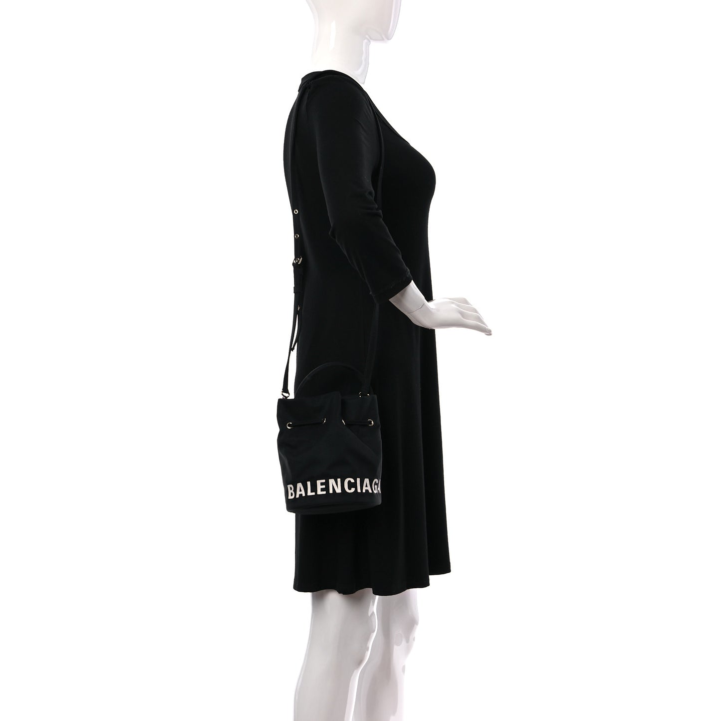 Recycled Sport Nylon Logo Embroidered Wheel Drawstring Bucket Bag XS Black