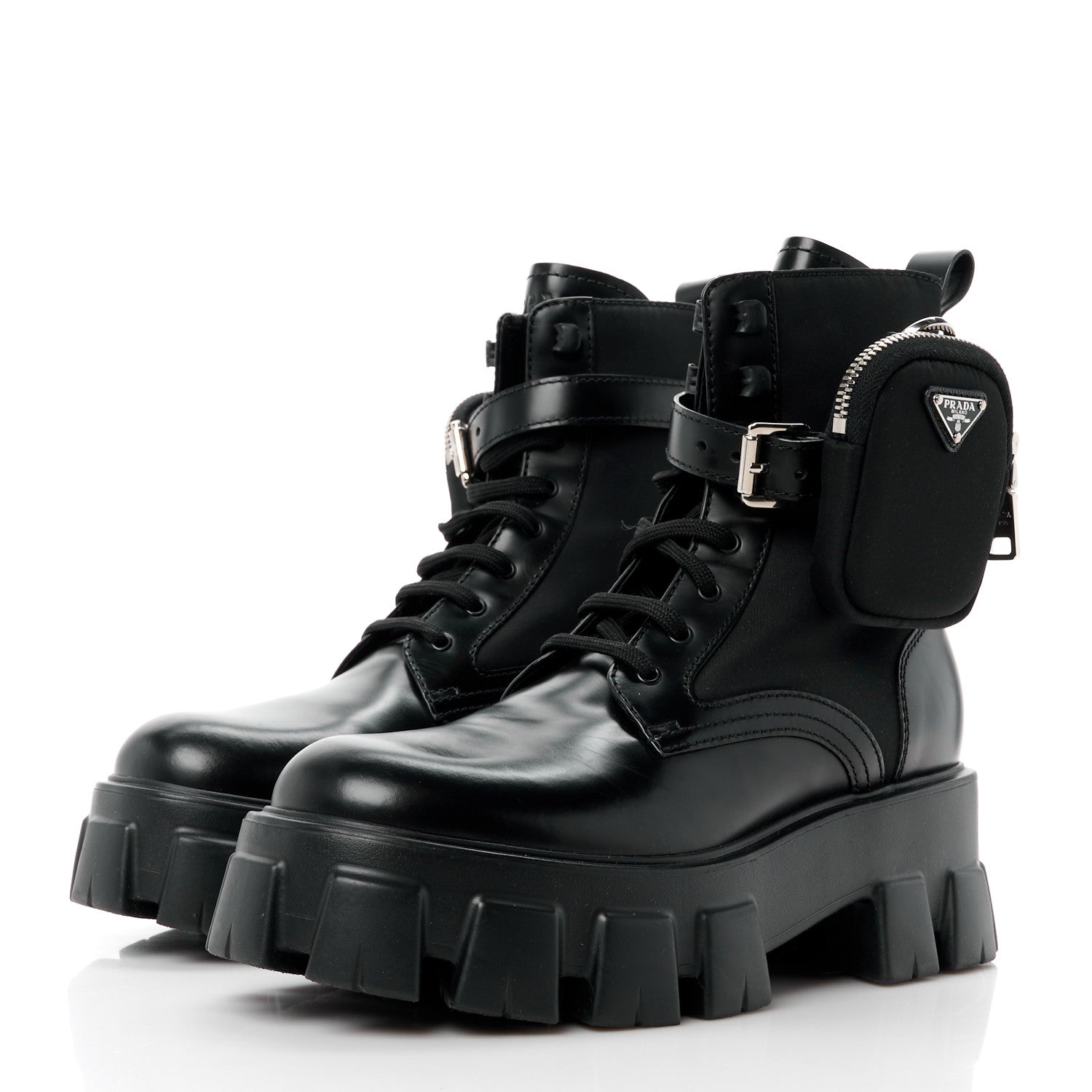 Prada Spazzolato Rois Nylon Metal Triangle Logo Monolith Pouch Pocket 55mm Boots 38.5 Black 3 of 11