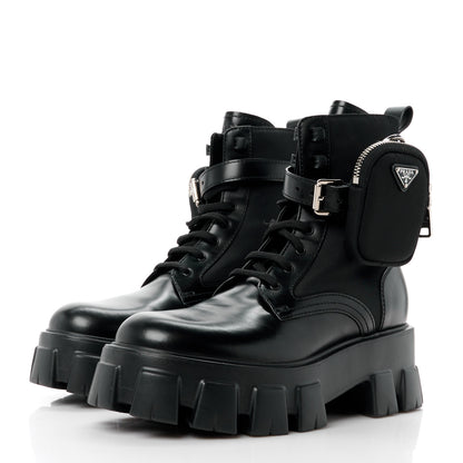 Prada Spazzolato Rois Nylon Metal Triangle Logo Monolith Pouch Pocket 55mm Boots 38.5 Black 3 of 11