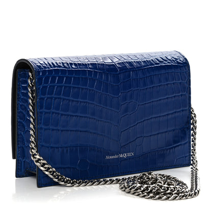 Alexander McQueen Calfskin Crocodile Embossed Skull Mini Crossbody Bag Deep Lapis Blue 3 of 13
