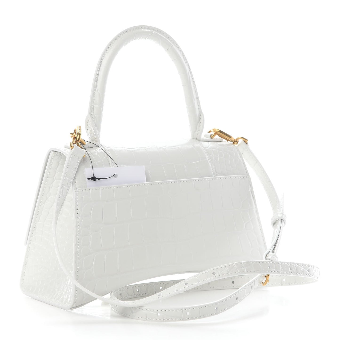 Shiny Calfskin Crocodile Embossed Small Hourglass Top Handle Bag White