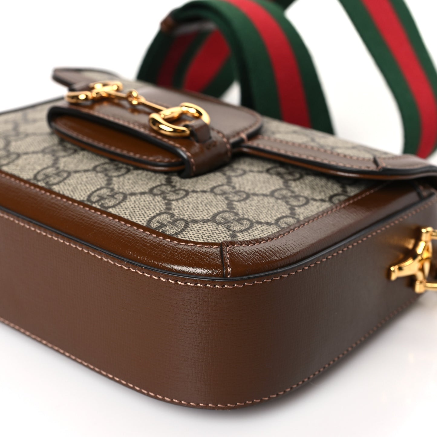 GG Supreme Monogram Azalea Calfskin Web Mini Horsebit 1955 Shoulder Bag Beige Ebony Brown Sugar