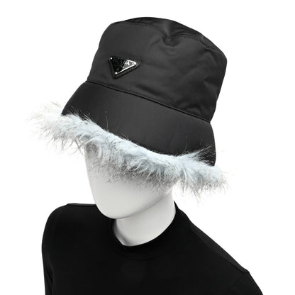 Prada Re-Nylon Faux Fur Metal Triangle Logo Womens Bucket Hat L Black Astro 2 of 8
