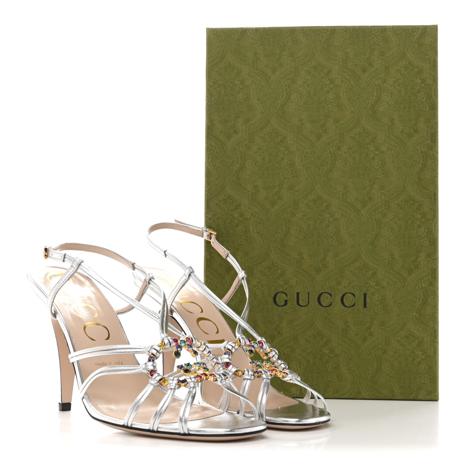 GUCCI　ターコイズ ストラップ付きミュール ヒール5cm Gucci Metallic Nappa Silk Crystal GG Isa Ankle Strap Mid Heel