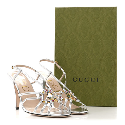 Gucci Metallic Nappa Silk Crystal GG Isa Ankle Strap Mid Heel Sandals 39.5 Silver 11 of 11