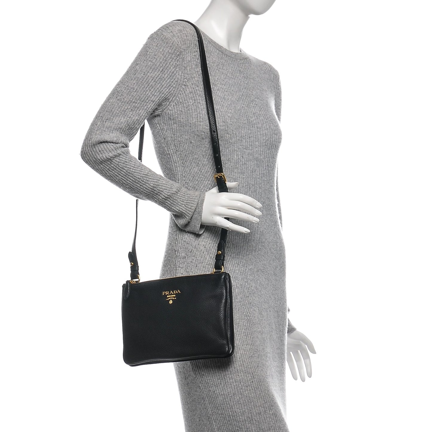 Vitello Phenix Double Zip Crossbody Bag Black