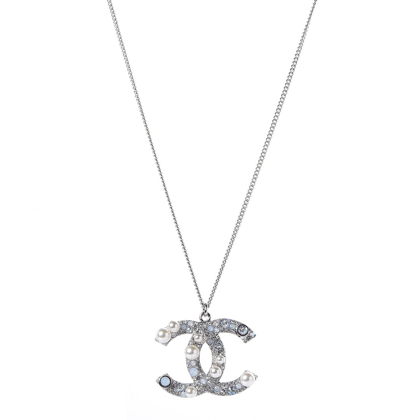Crystal Pearl CC Pendant Necklace Silver