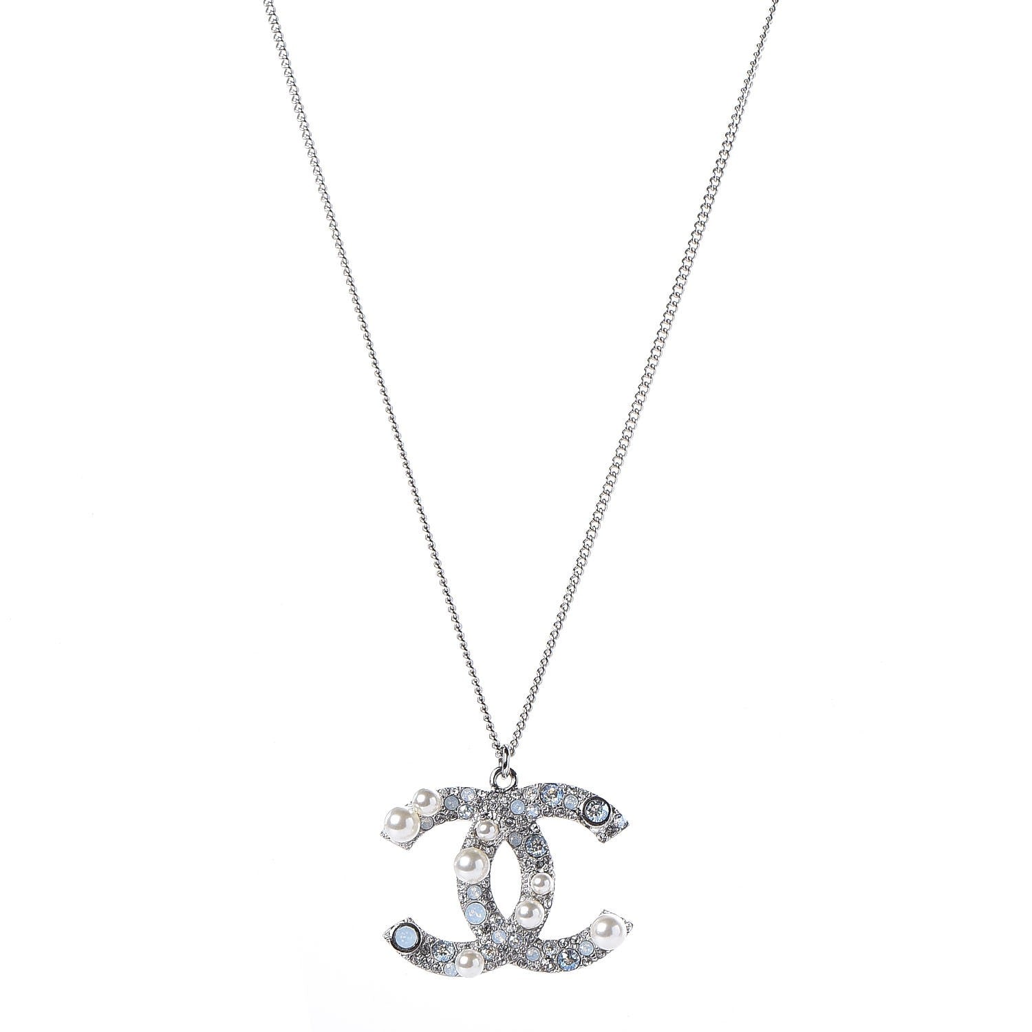 Chanel Crystal Pearl CC Pendant Necklace Silver 1 of 5