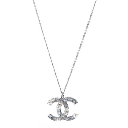 Chanel Crystal Pearl CC Pendant Necklace Silver 1 of 5