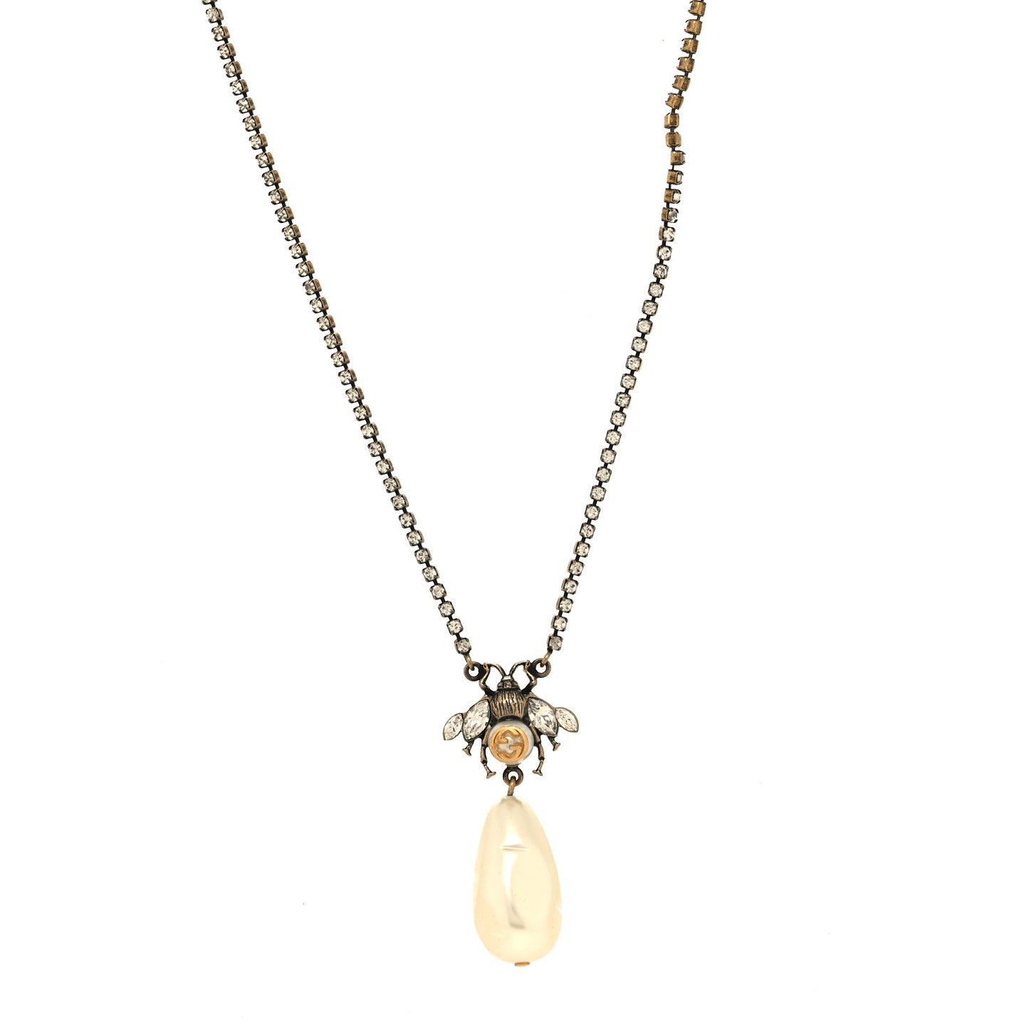 Metal Crystal Pearl Bee Necklace Aged Gold