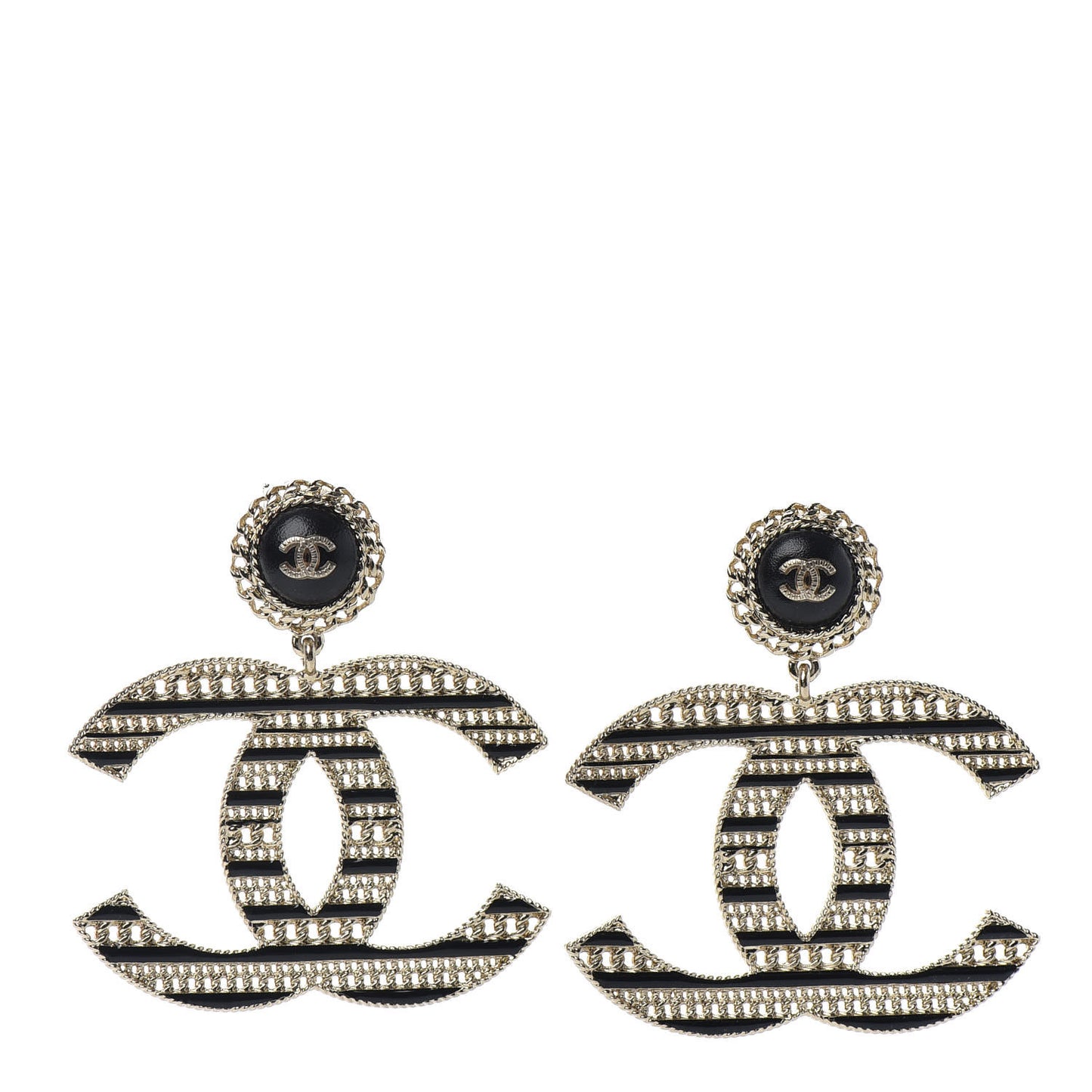 Metal Enamel Chain CC Clip On Earrings Gold Black