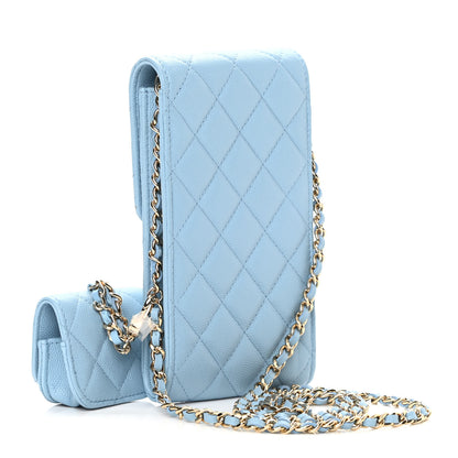 Chanel Caviar Quilted Crystal CC Airpods Pro and Phone Case With Chain Light Blue 3 of 11