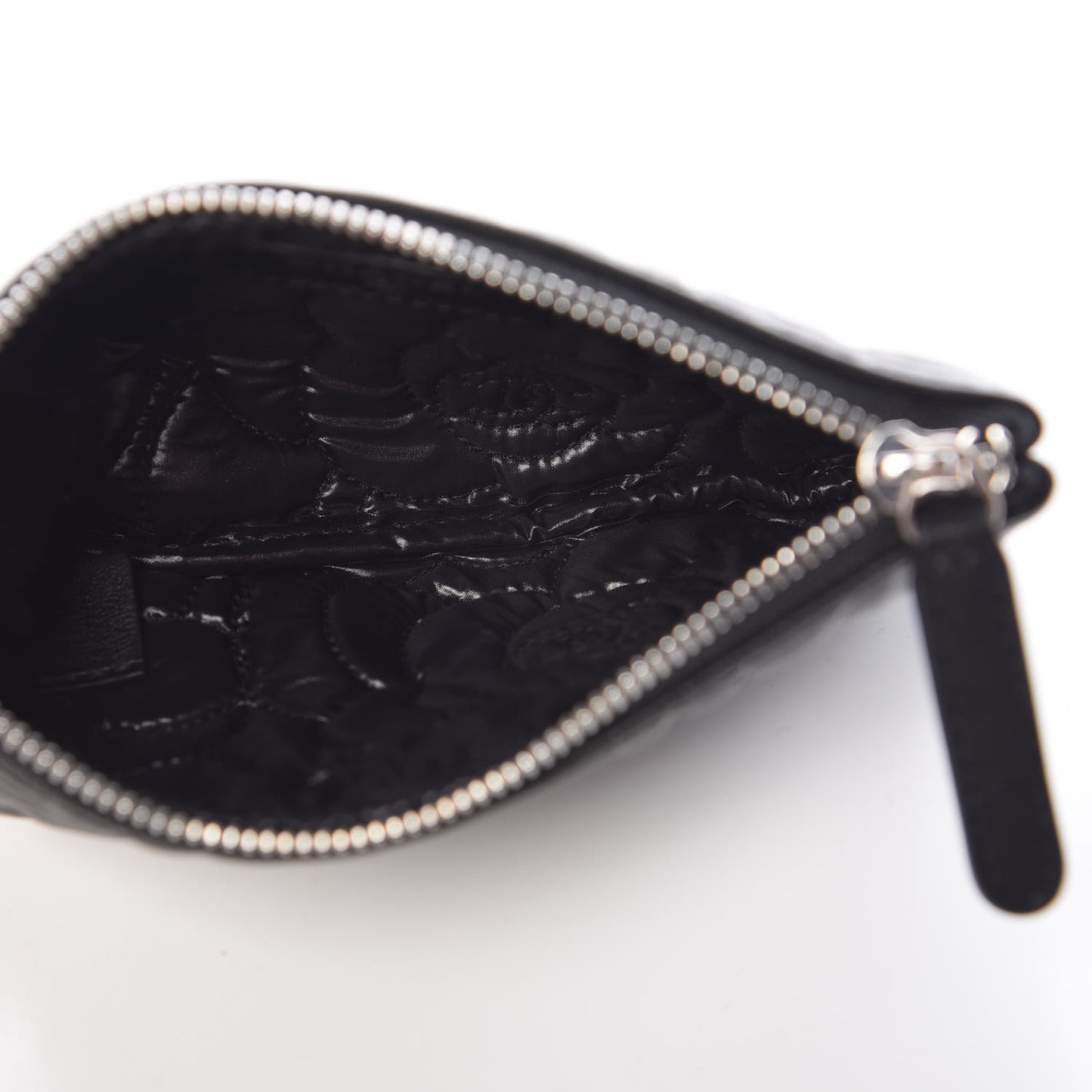 Goatskin Camellia Embossed Cosmetic Pouch Black