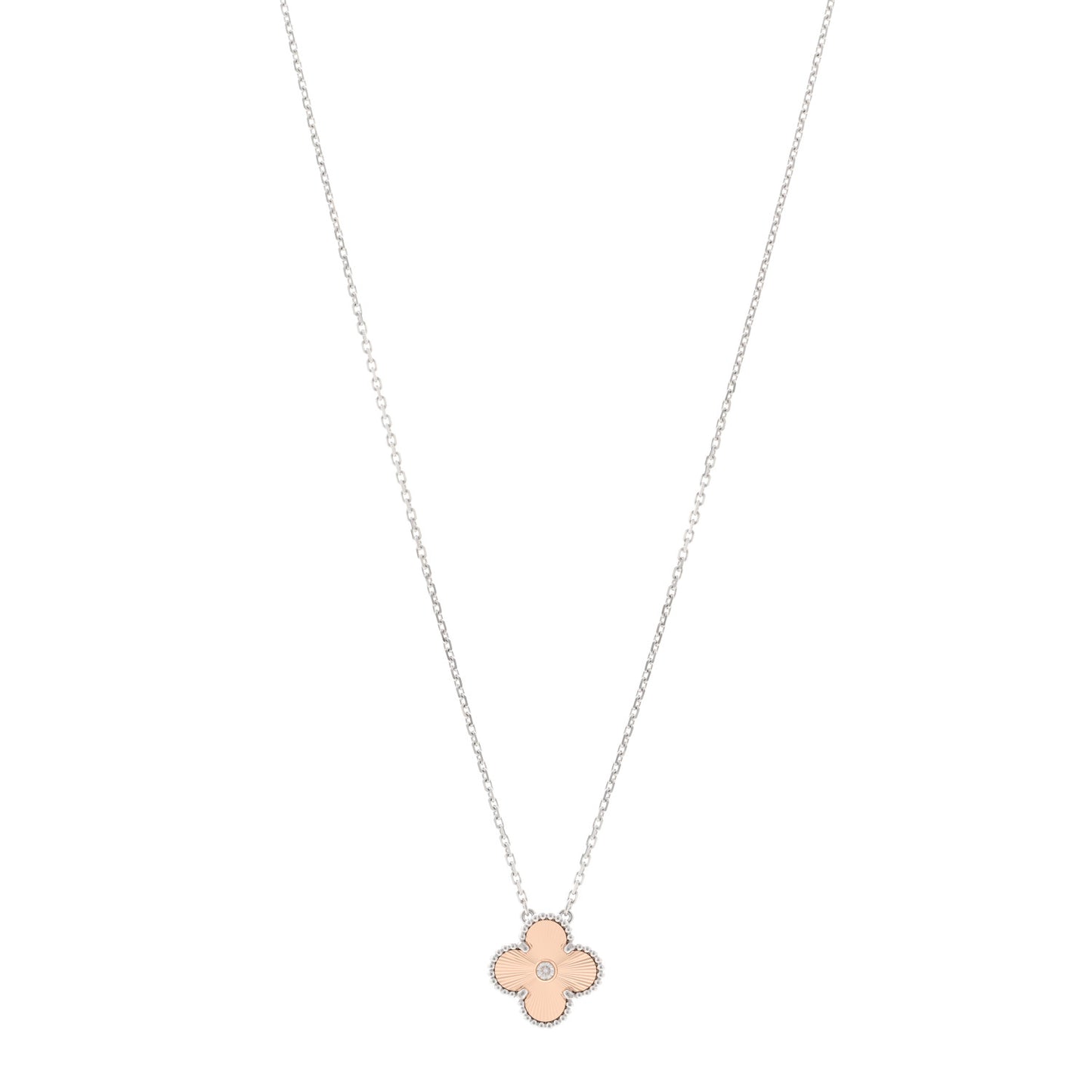 18K White Rose Gold Diamond Guilloche Vintage Alhambra Pendant Necklace