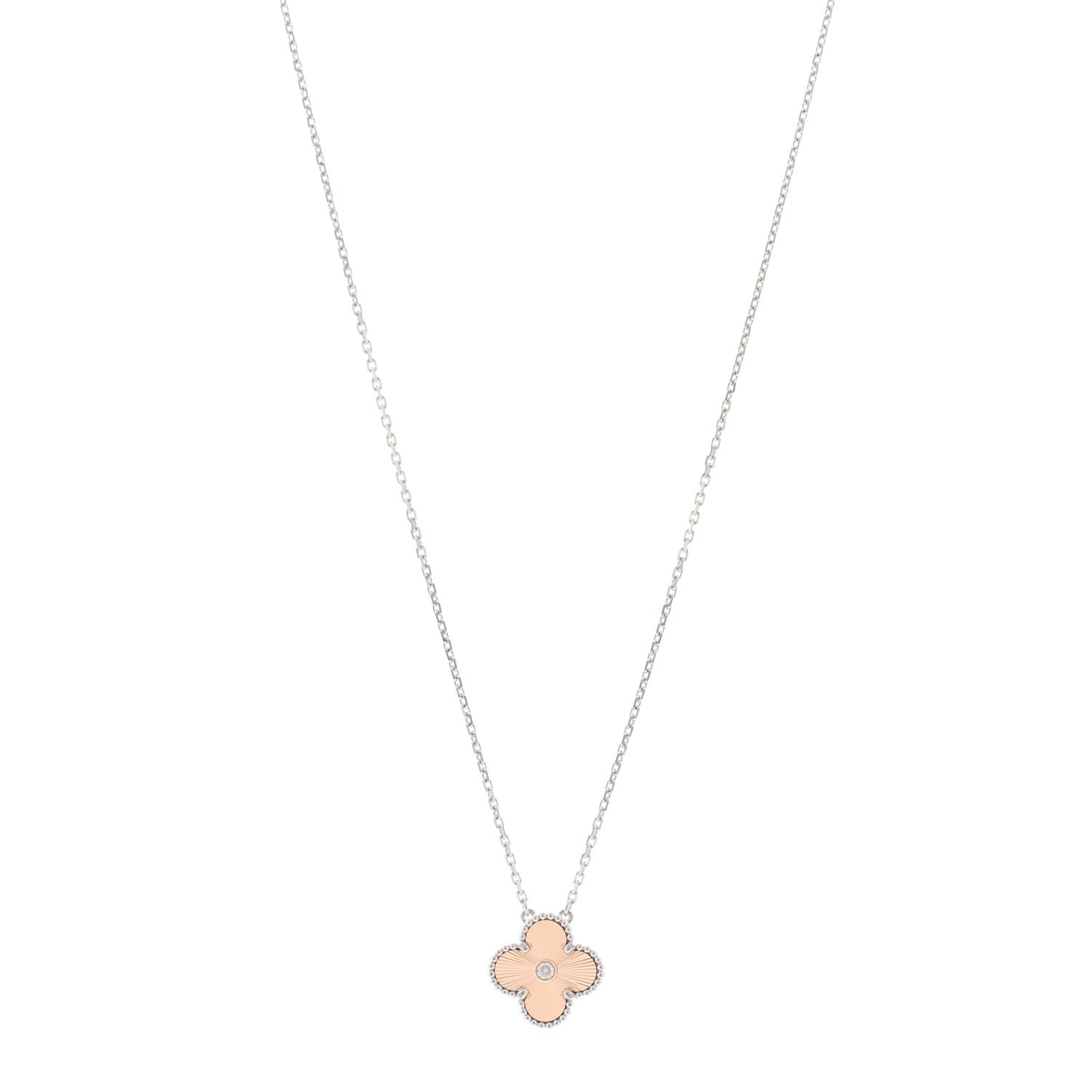 Van Cleef & Arpels 18K White Rose Gold Diamond Guilloche Vintage Alhambra Pendant Necklace 1 of 5