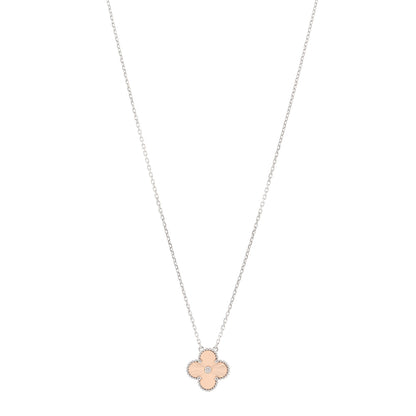 Van Cleef & Arpels 18K White Rose Gold Diamond Guilloche Vintage Alhambra Pendant Necklace 1 of 5