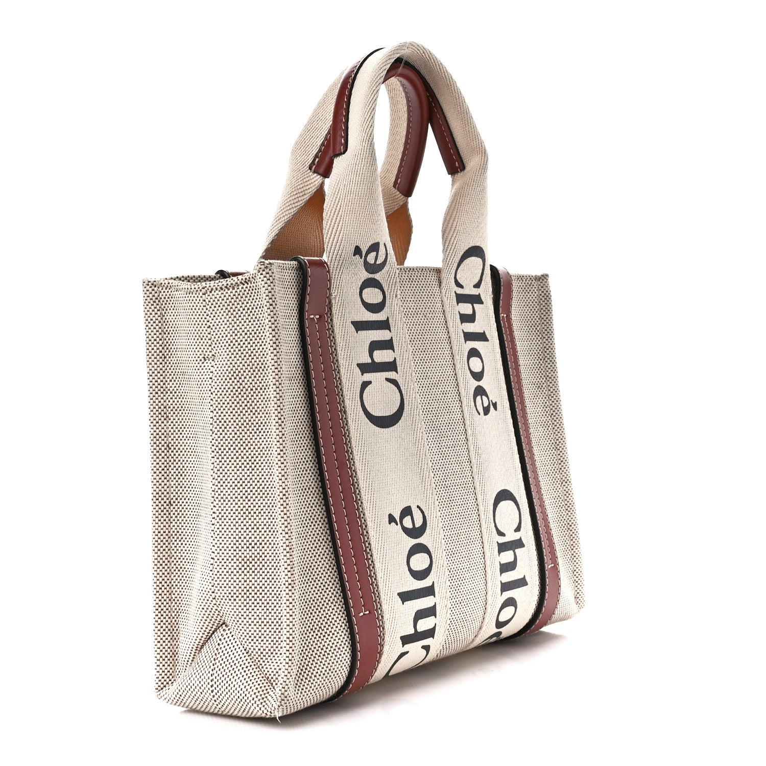 Chloe Cotton Calfskin Small Woody Ribbon Tote With Strap White Brown 3 of 11