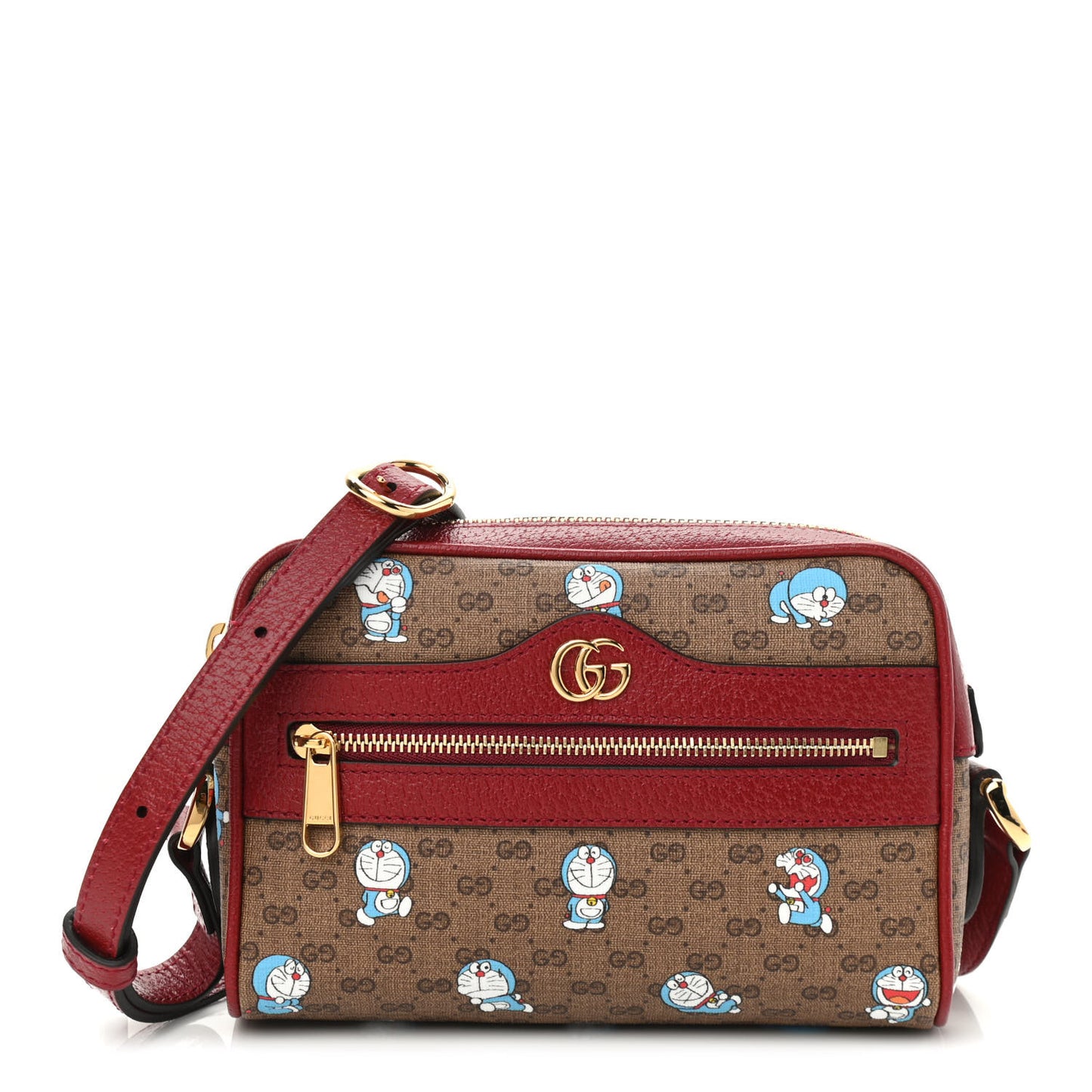 X DORAEMON Mini Vintage GG Supreme Monogram Camera Bag Beige Cherry Red