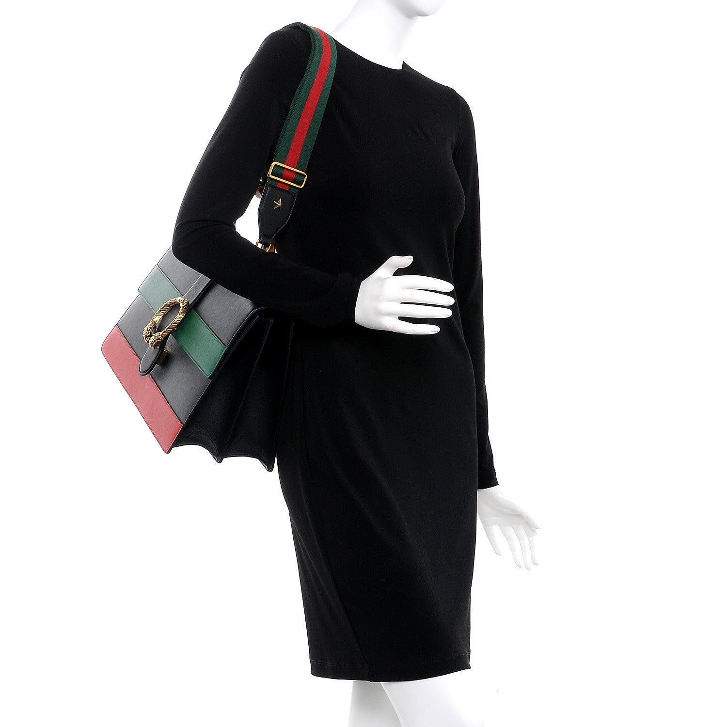 Gucci Calfskin Bamboo Web Large Dionysus Top Handle Bag Black Bright Evergreen Hibiscus Red 2 of 12