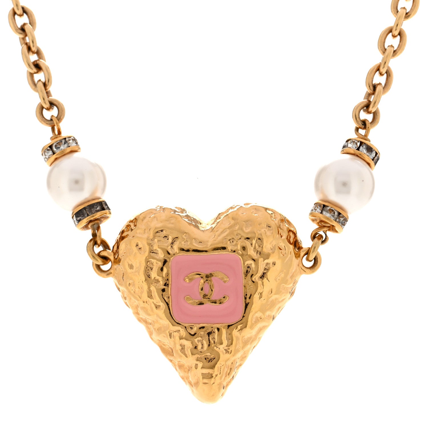 Chanel Resin Crystal Pearl Chain Heart CC Pendant Choker Necklace Pink White Gold 4 of 5