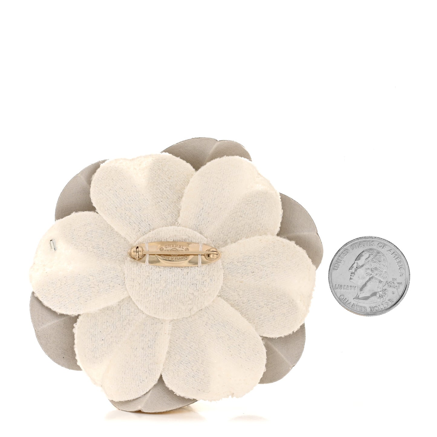 Tweed Laminated Lambskin Camellia CC Pin Brooch Ivory Gold