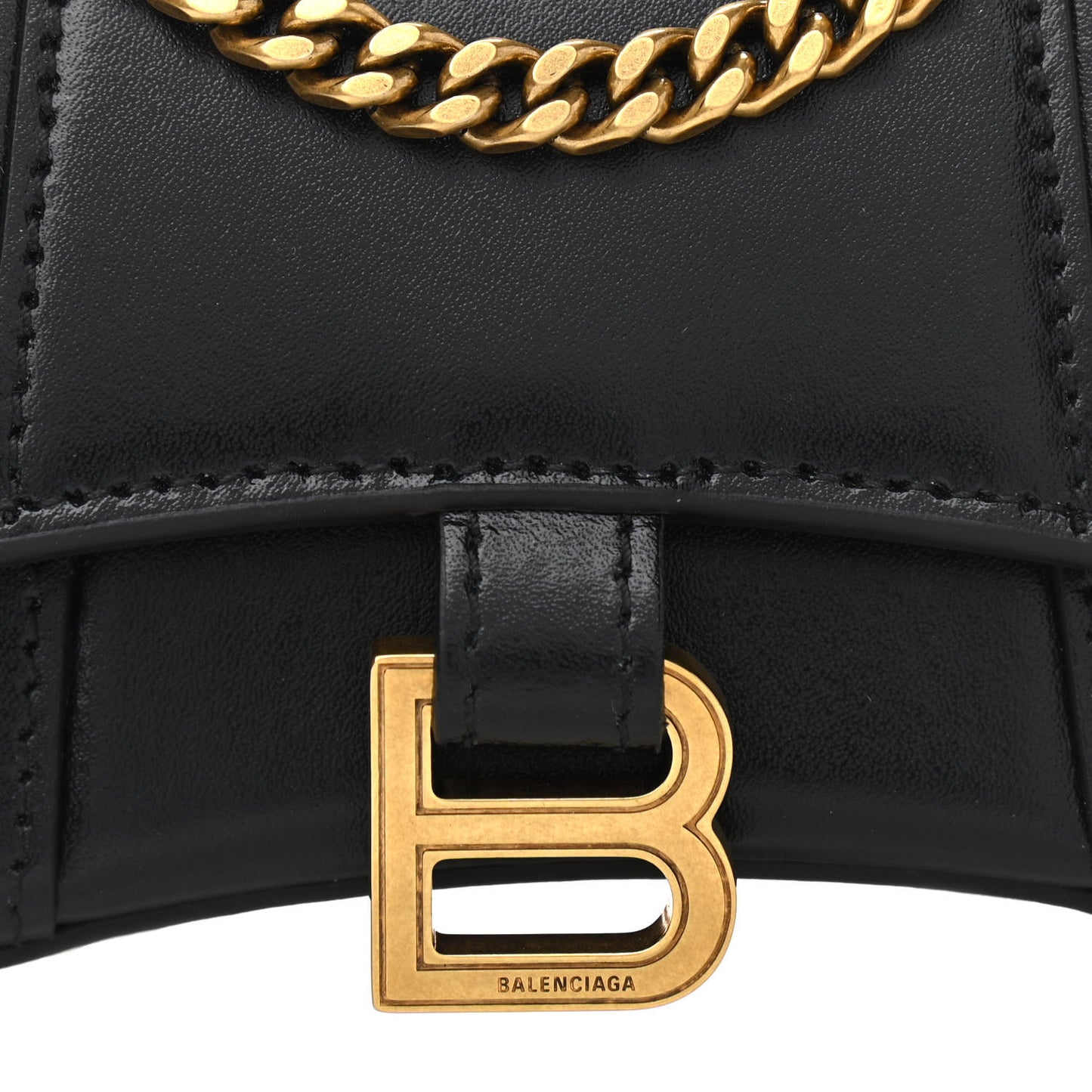 Shiny Box Calfskin Hourglass Top Handle Bag Mini with Chain Black