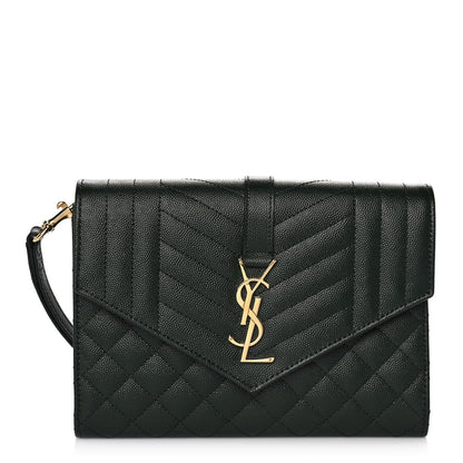 Saint Laurent Grain De Poudre Textured Mixed Matelasse Triquilt Monogram Clutch Vert Fonce 1 of 11