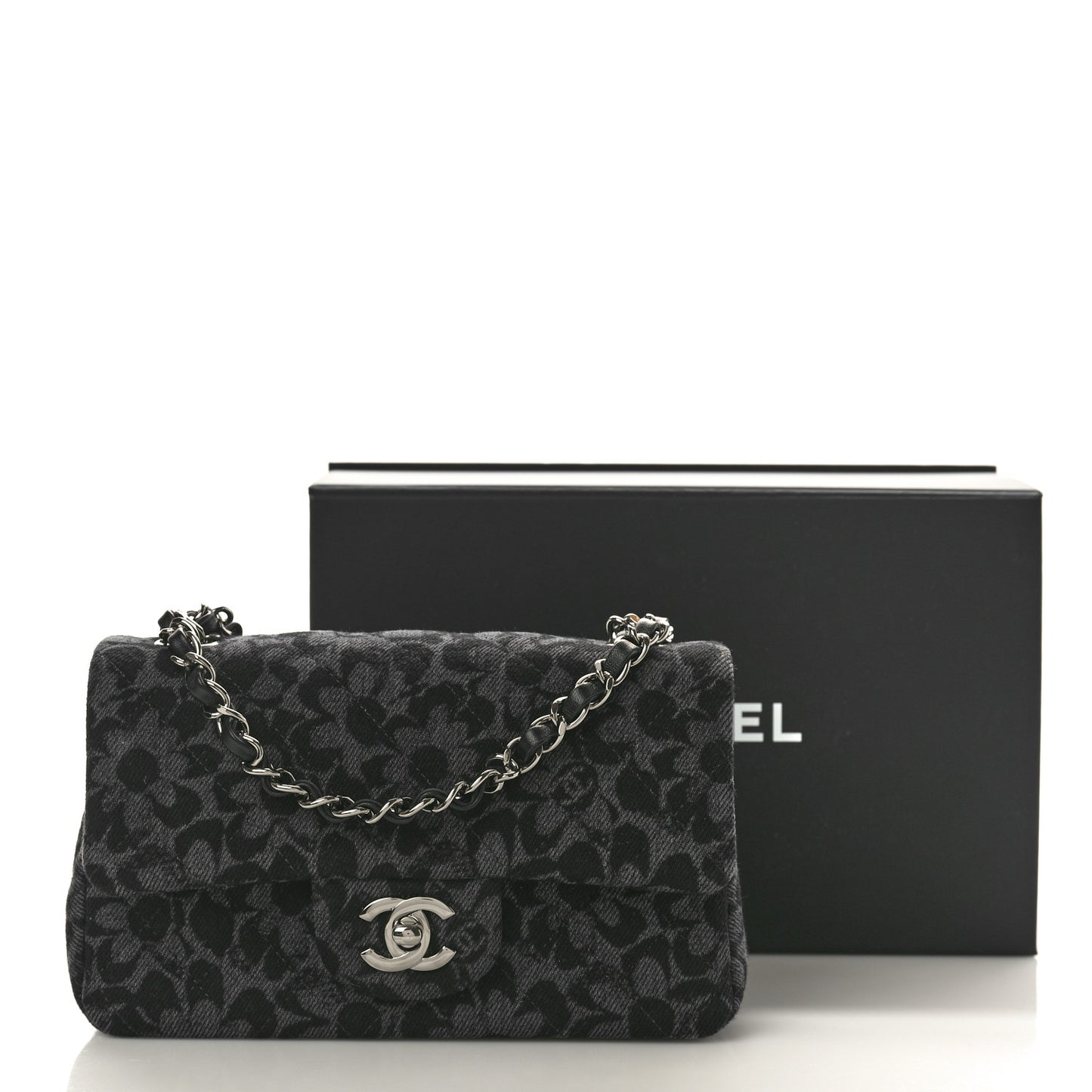 Printed Denim Quilted Flower Mini Rectangular Flap Black