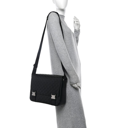 Gucci Guccissima Signature Medium Double Buckle Flap Messenger Bag Black 2 of 11