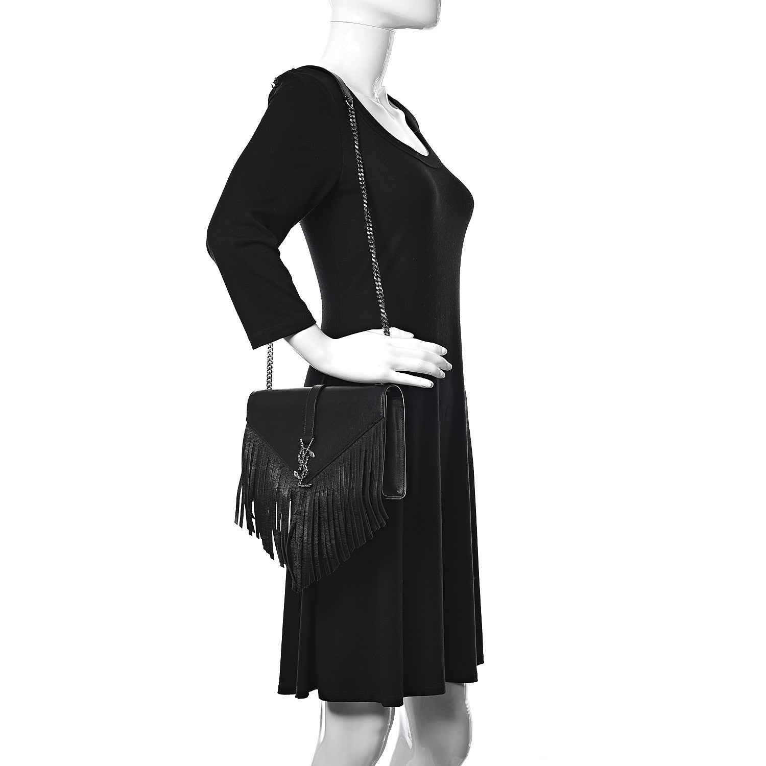 Saint Laurent Calfskin Fringe Medium Snake Monogram Satchel Black 2 of 9