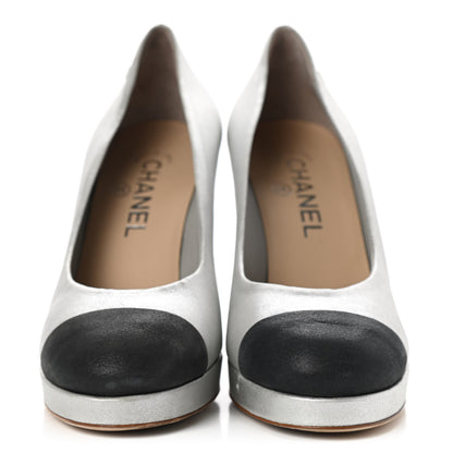 Chanel Metallic Calfskin Buffalo Cap Toe CC Pumps 37 Silver Black 2 of 9