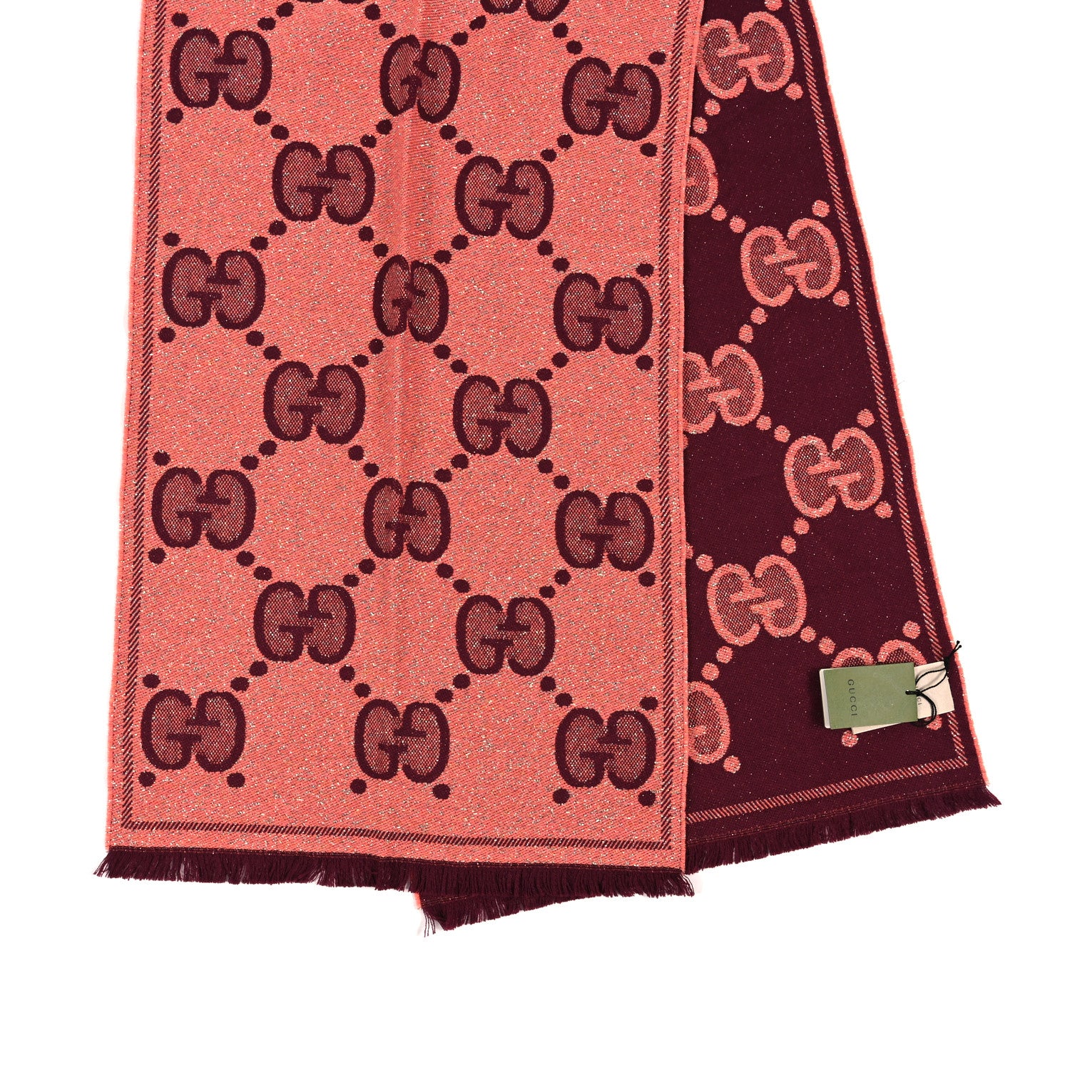 Gucci Wool Lame Jacquard Monogram Jumbo GG Lady Nest Lux Scarf Salmon Bordeaux 2 of 3