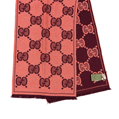 Gucci Wool Lame Jacquard Monogram Jumbo GG Lady Nest Lux Scarf Salmon Bordeaux 2 of 3